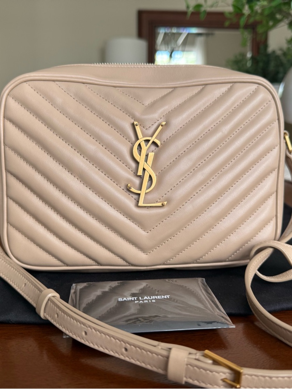 Saint Laurent Nude Quilted Leather Camera Bag with Gold YSL Emblem
